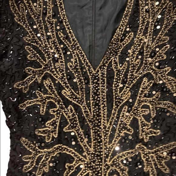 Vintage Swee Lo black and gold sparkling shimmery  sequin evening gown w/ split - Picture 3 of 13